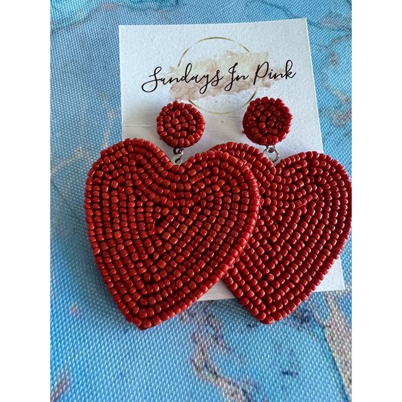 HEART Red Love Valentine Beaded Statement Earrings NEW - Picture 2 of 3
